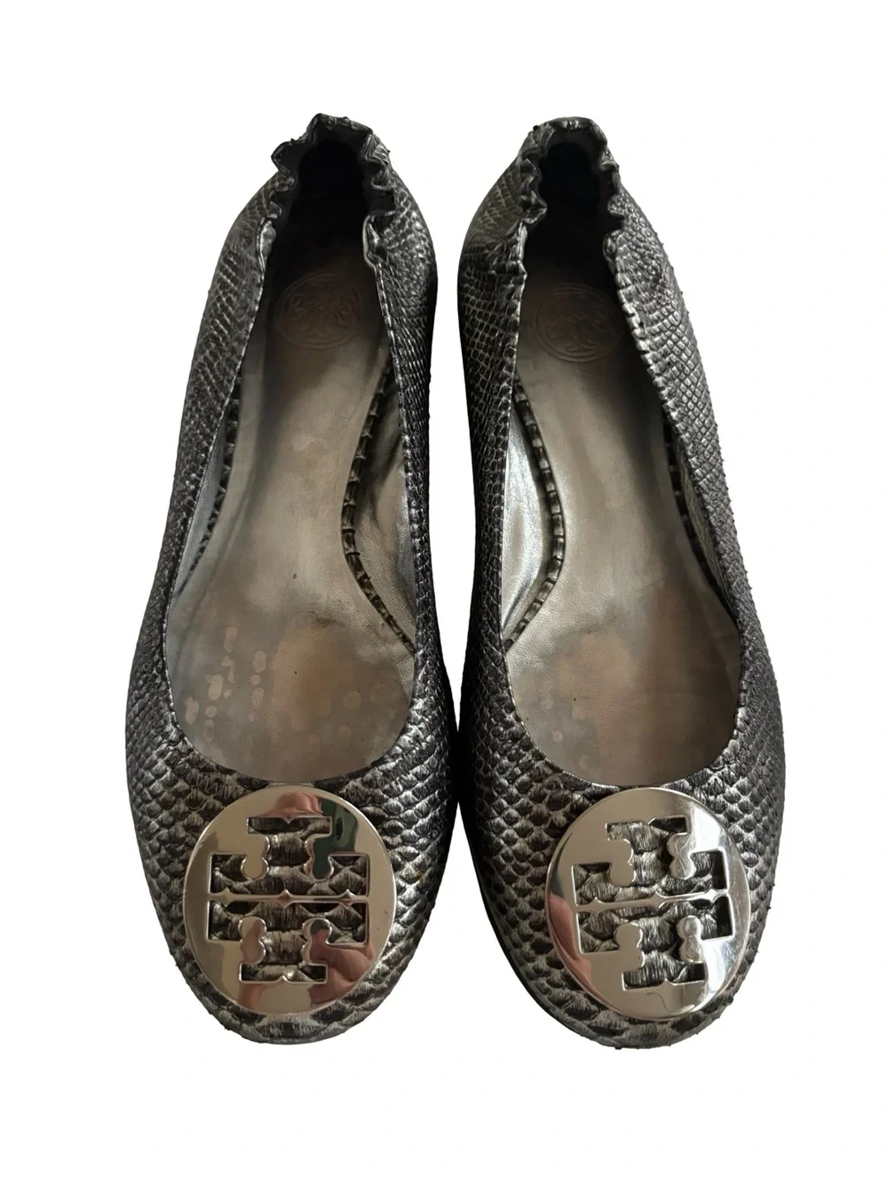 Tory Burch Black Reva Snake-Embossed Ballet Flats Sz 10